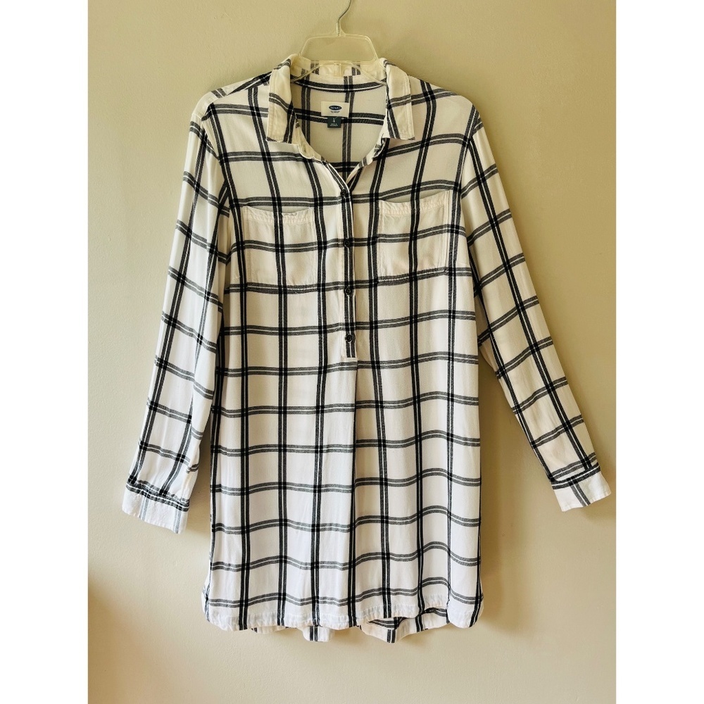 Old Navy Sz L Plaid White Black Shirt Midi Dress for Women V Neck Stretch Pocket